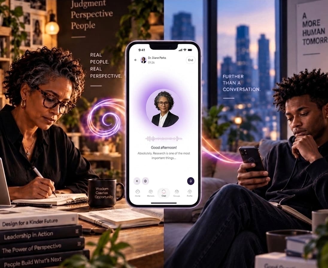A mentor writing in her study and a young man reading on his phone at night, joined by Ghaleo on a phone between them.