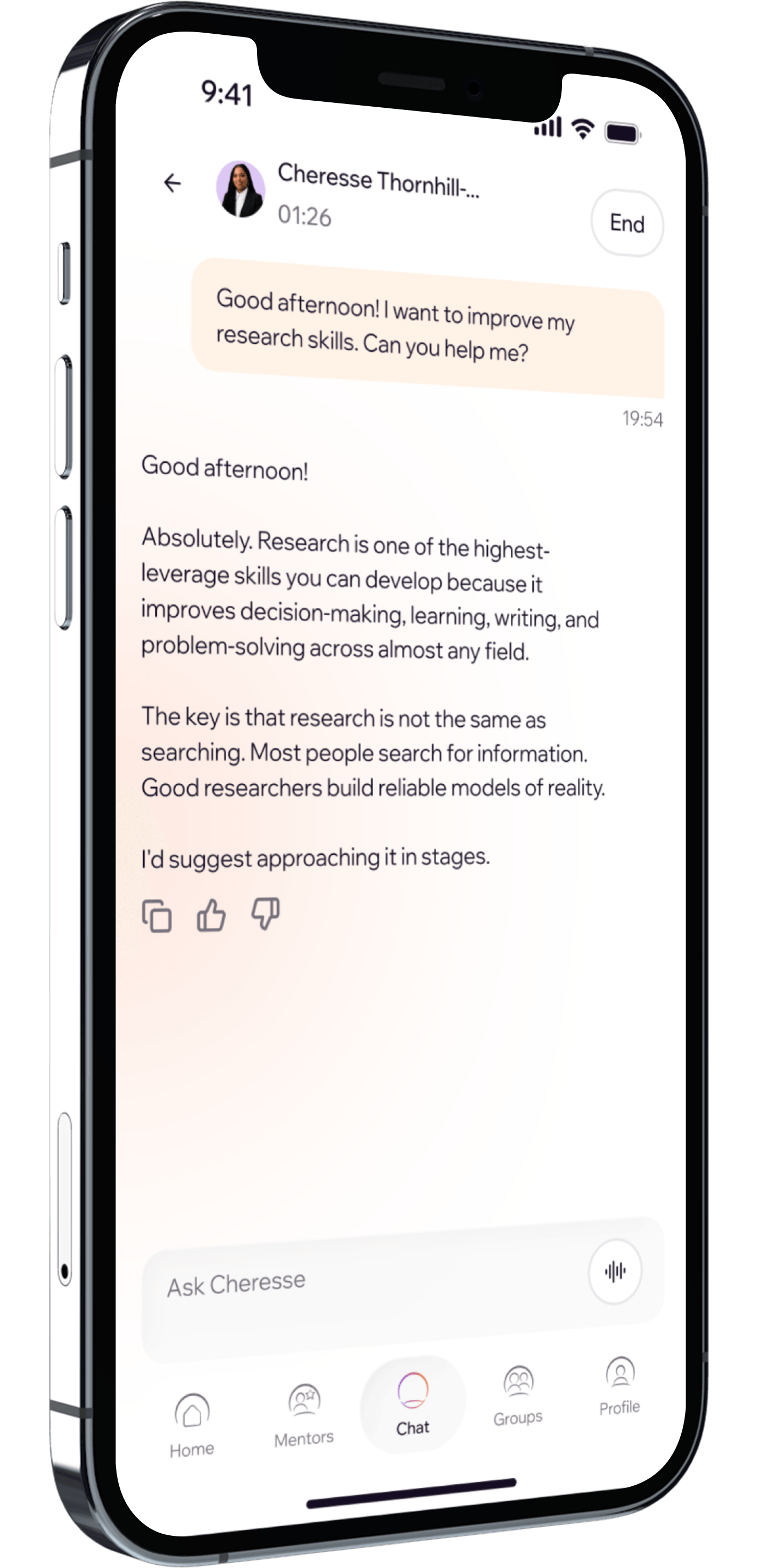 A text conversation with Cheresse's Ghaleo about research skills.